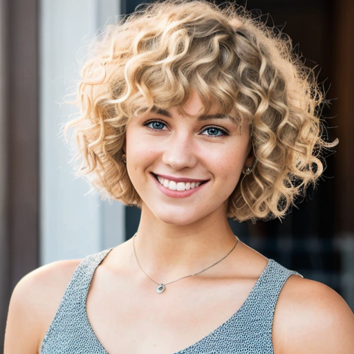 Woman with stylish short curly hair and bangs, smiling at the camera