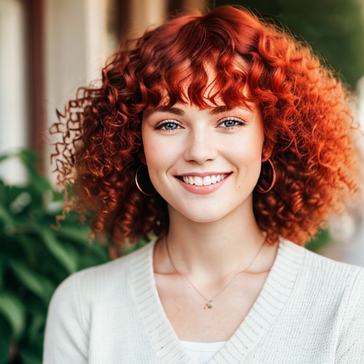 red hair women with nATURAL CURLS hair and bangs smile on camera