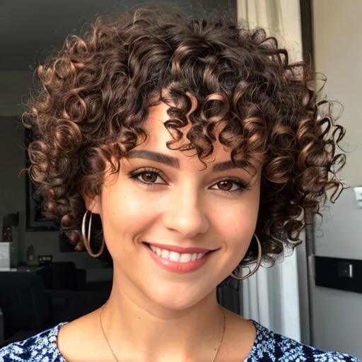 Woman with stylish short curly hair and bangs